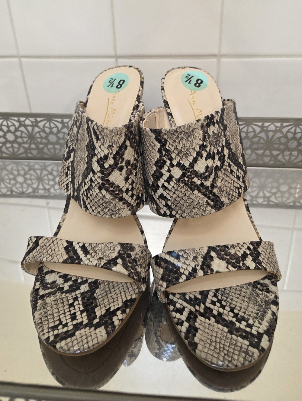 Anne Michelle Snake-Print Slide Mules in Beige and Black